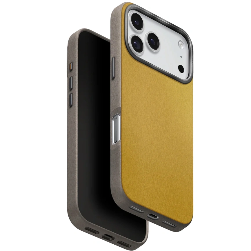 Чехол Uniq Lyden DS Dual-Tone Premium Leatherette Case with MagClick для iPhone 17 Pro Canary Yellow/Flint Gray фото 1